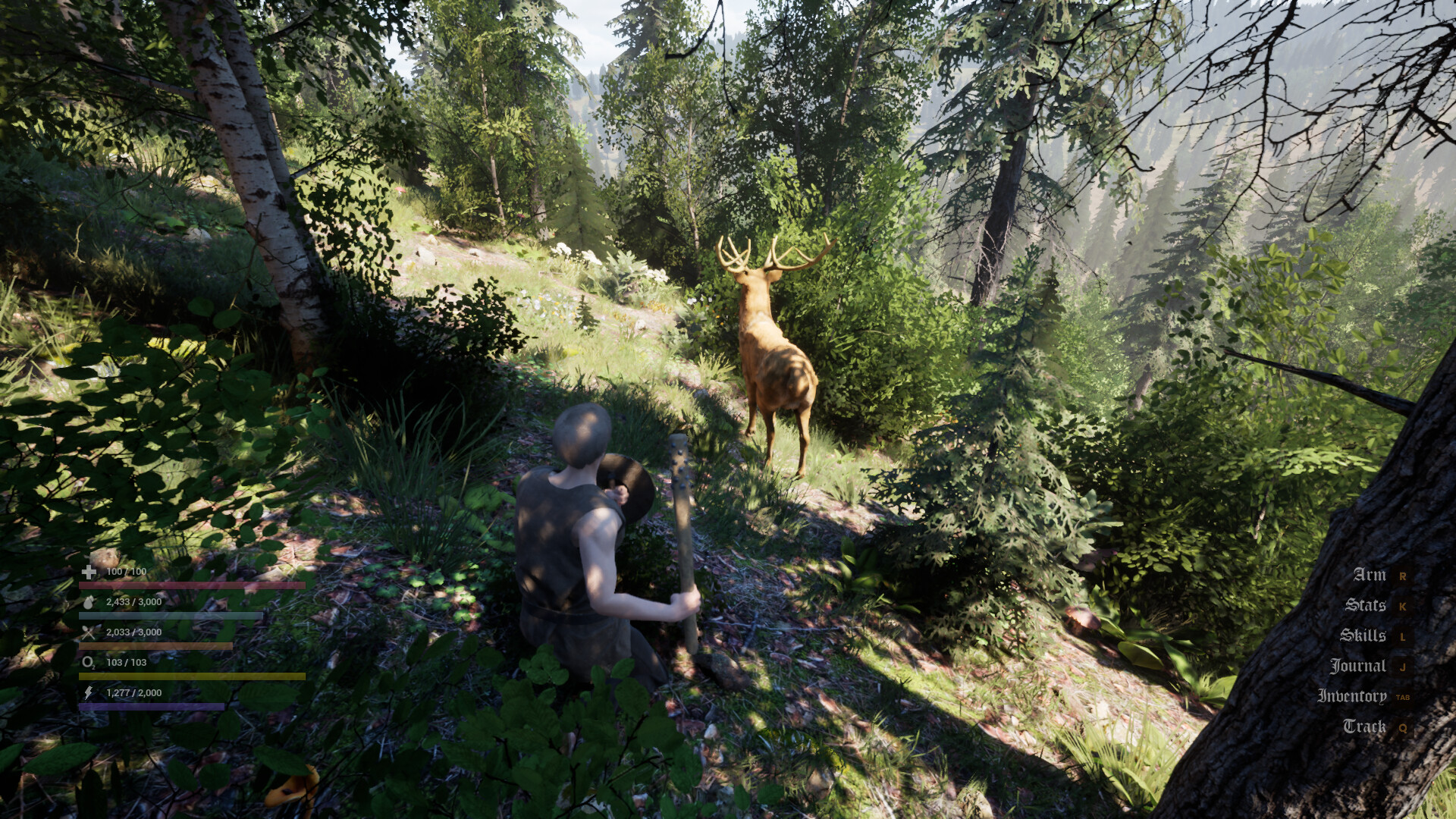 A player character standing near rough medieval buildings